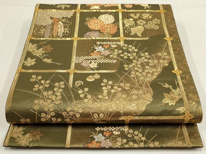 平和屋着物▼六通柄袋帯　宝栄百選　天井花文　金糸　正絹　逸品　AABF7174wj