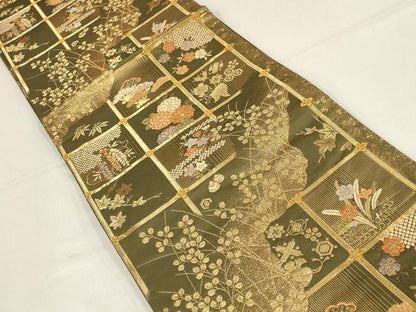 平和屋着物▼六通柄袋帯　宝栄百選　天井花文　金糸　正絹　逸品　AABF7174wj