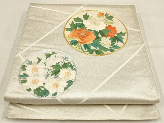 平和屋着物▼総刺繍　袋帯　駒刺繍　草花丸文　金銀糸　正絹　逸品　AABF7192wj