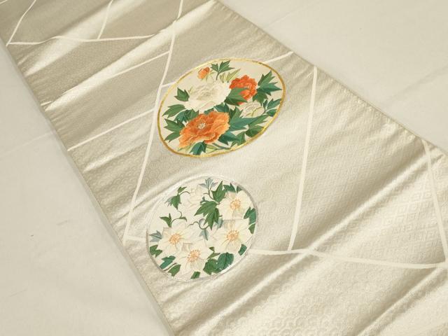 平和屋着物▼総刺繍　袋帯　駒刺繍　草花丸文　金銀糸　正絹　逸品　AABF7192wj