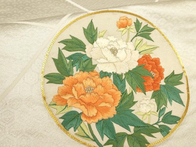 平和屋着物▼総刺繍　袋帯　駒刺繍　草花丸文　金銀糸　正絹　逸品　AABF7192wj
