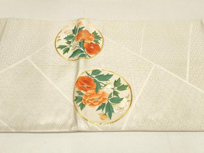 平和屋着物▼総刺繍　袋帯　駒刺繍　草花丸文　金銀糸　正絹　逸品　AABF7192wj
