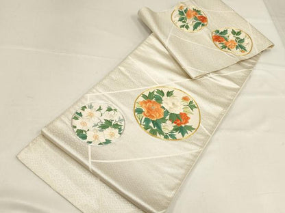 平和屋着物▼総刺繍　袋帯　駒刺繍　草花丸文　金銀糸　正絹　逸品　AABF7192wj