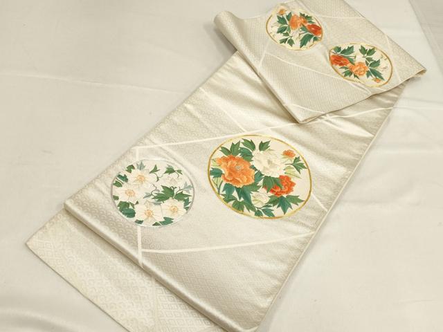 平和屋着物▼総刺繍　袋帯　駒刺繍　草花丸文　金銀糸　正絹　逸品　AABF7192wj