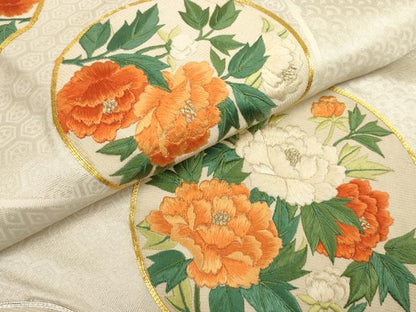 平和屋着物▼総刺繍　袋帯　駒刺繍　草花丸文　金銀糸　正絹　逸品　AABF7192wj