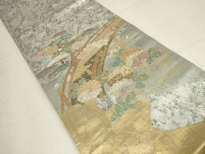 平和屋着物▼太鼓柄袋帯 螺鈿箔 流水花文 金銀彩 引箔 正絹 逸品 AABF7358wj