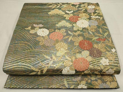 平和屋着物▼六通柄袋帯　松菊波地献上文様　金糸　正絹　逸品　AABF7364wj