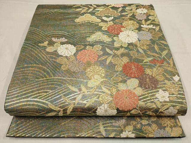 平和屋着物▼六通柄袋帯　松菊波地献上文様　金糸　正絹　逸品　AABF7364wj