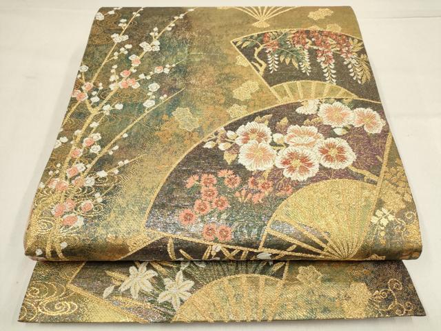 平和屋着物▼六通柄袋帯　扇面花文　金糸　正絹　逸品　AABF7422wj