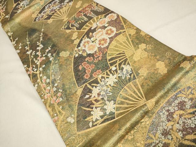 平和屋着物▼六通柄袋帯　扇面花文　金糸　正絹　逸品　AABF7422wj