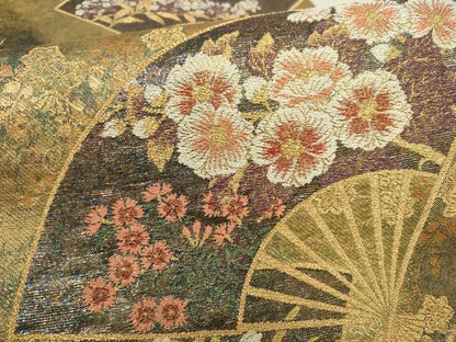 平和屋着物▼六通柄袋帯　扇面花文　金糸　正絹　逸品　AABF7422wj