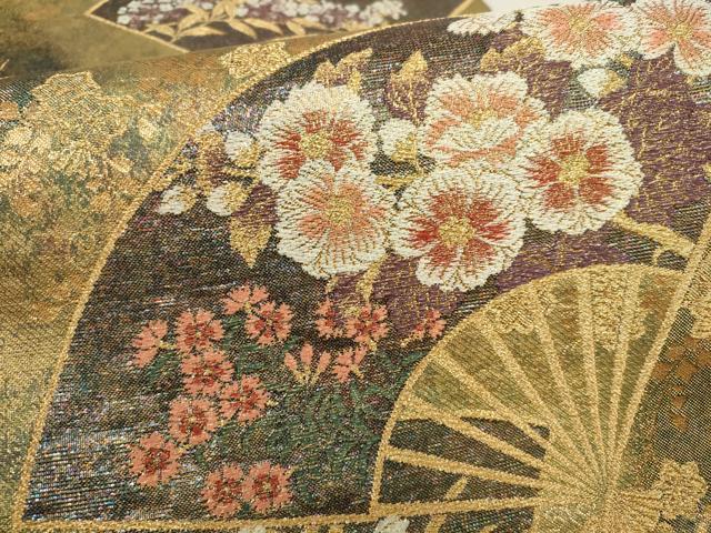 平和屋着物▼六通柄袋帯　扇面花文　金糸　正絹　逸品　AABF7422wj