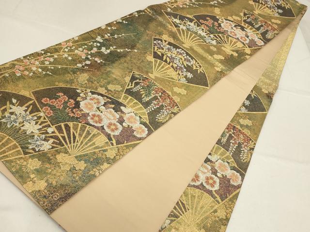 平和屋着物▼六通柄袋帯　扇面花文　金糸　正絹　逸品　AABF7422wj