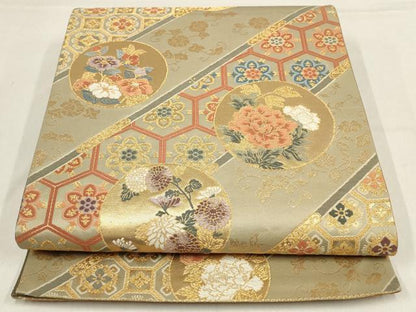 平和屋着物▼六通柄袋帯　吉祥花丸文　金糸　正絹　逸品　AABF7432wj