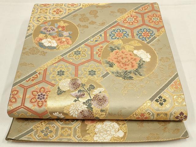 平和屋着物▼六通柄袋帯　吉祥花丸文　金糸　正絹　逸品　AABF7432wj