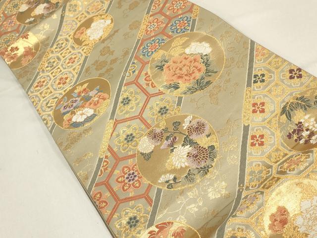 平和屋着物▼六通柄袋帯　吉祥花丸文　金糸　正絹　逸品　AABF7432wj