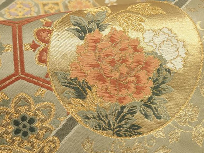 平和屋着物▼六通柄袋帯　吉祥花丸文　金糸　正絹　逸品　AABF7432wj