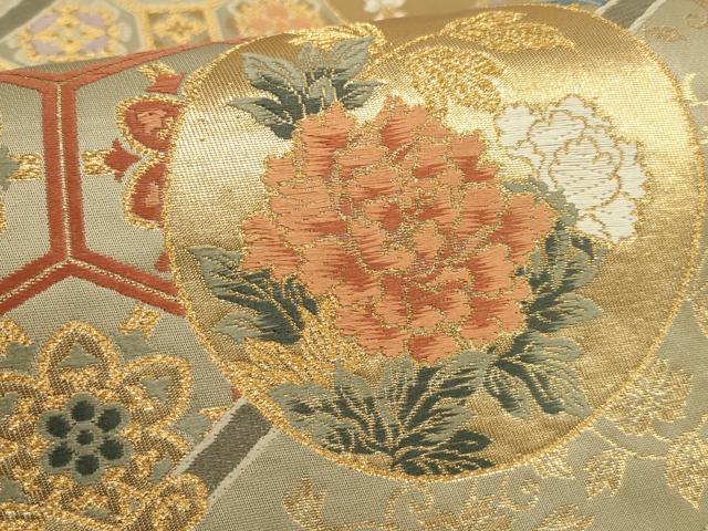 平和屋着物▼六通柄袋帯　吉祥花丸文　金糸　正絹　逸品　AABF7432wj