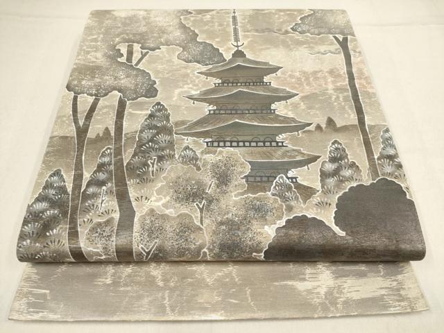 平和屋着物▼太鼓柄袋帯　風景樹林文　金銀彩　正絹　逸品　AABF7509wj