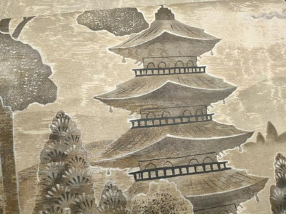 平和屋着物▼太鼓柄袋帯　風景樹林文　金銀彩　正絹　逸品　AABF7509wj