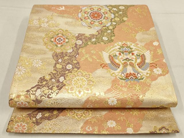 平和屋着物▼六通柄袋帯　道長花鳥文　金糸　正絹　逸品　AABF7552wj