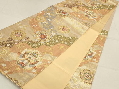 平和屋着物▼六通柄袋帯　道長花鳥文　金糸　正絹　逸品　AABF7552wj