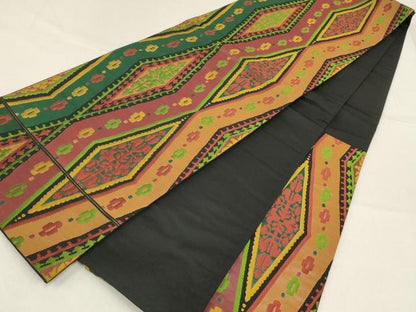 平和屋着物▼六通柄袋帯 幾何学文 黒地 正絹 逸品 AABF7609wj