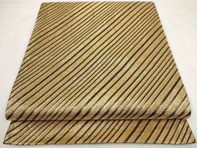 平和屋着物▼全通柄袋帯　斜縞　黒地　金糸　正絹　逸品　AABF7674wj