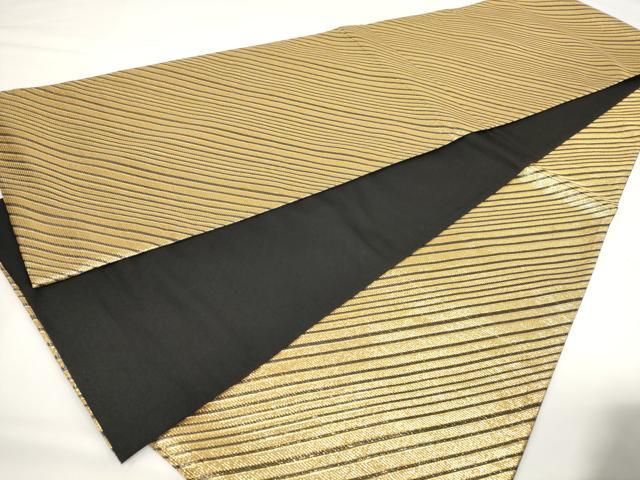 平和屋着物▼全通柄袋帯　斜縞　黒地　金糸　正絹　逸品　AABF7674wj
