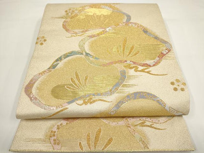 平和屋着物▼六通柄袋帯 松鶴椿 金銀糸 正絹 逸品 AABF7700wj