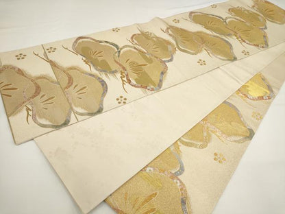 平和屋着物▼六通柄袋帯 松鶴椿 金銀糸 正絹 逸品 AABF7700wj
