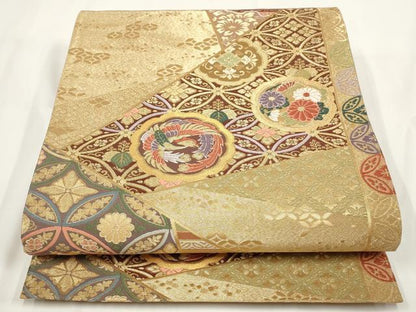 平和屋着物▼六通柄袋帯　切嵌花鳥文　金糸　正絹　逸品　AABF7795wj
