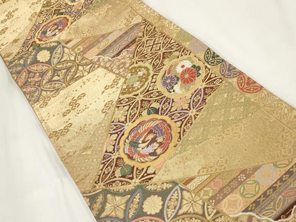 平和屋着物▼六通柄袋帯　切嵌花鳥文　金糸　正絹　逸品　AABF7795wj