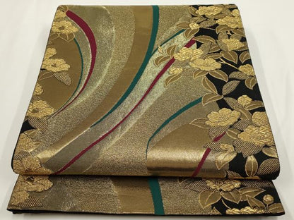 平和屋着物▼六通柄袋帯　草花文　黒地　金糸　正絹　逸品　AABF7802wj