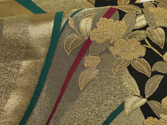 平和屋着物▼六通柄袋帯　草花文　黒地　金糸　正絹　逸品　AABF7802wj