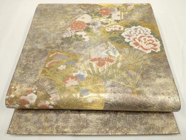 平和屋着物▼六通柄袋帯 扇面花文 金糸 正絹 逸品 AABF7834wj