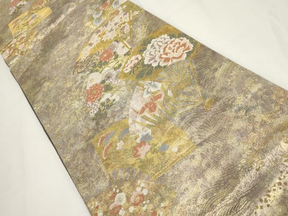 平和屋着物▼六通柄袋帯 扇面花文 金糸 正絹 逸品 AABF7834wj