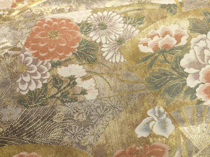 平和屋着物▼六通柄袋帯 扇面花文 金糸 正絹 逸品 AABF7834wj