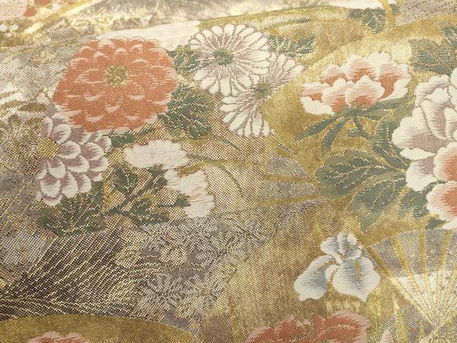 平和屋着物▼六通柄袋帯 扇面花文 金糸 正絹 逸品 AABF7834wj