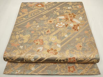 平和屋着物▼六通柄袋帯 沈金蒔絵 斜め取り花鳥文 金糸 正絹 逸品 AABF7862wj