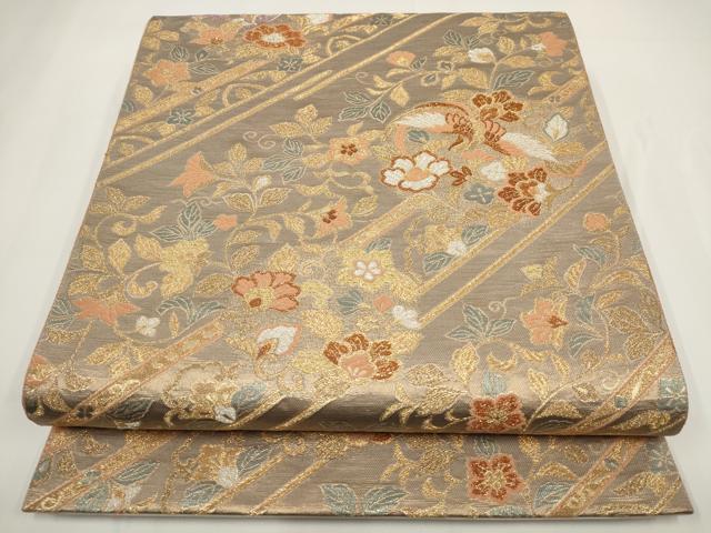 平和屋着物▼六通柄袋帯 沈金蒔絵 斜め取り花鳥文 金糸 正絹 逸品 AABF7862wj