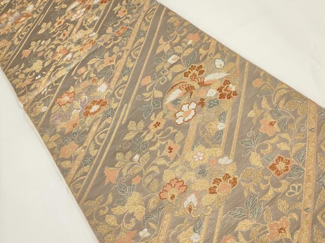平和屋着物▼六通柄袋帯 沈金蒔絵 斜め取り花鳥文 金糸 正絹 逸品 AABF7862wj