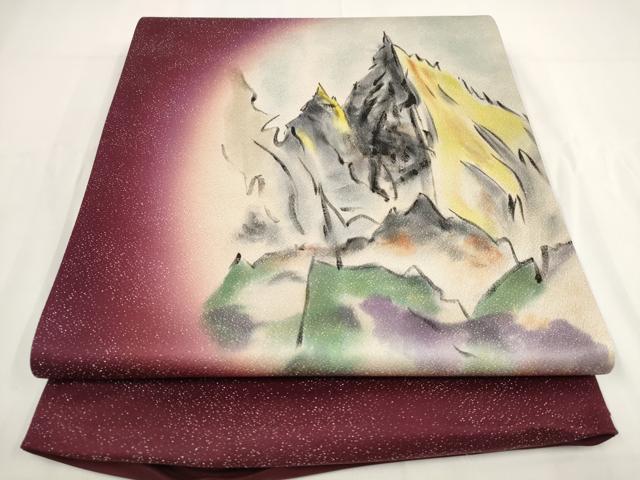 平和屋着物▼榎木孝明　太鼓柄袋帯　手描き　遠山文　銀通し地　正絹　逸品　AABF7904wj