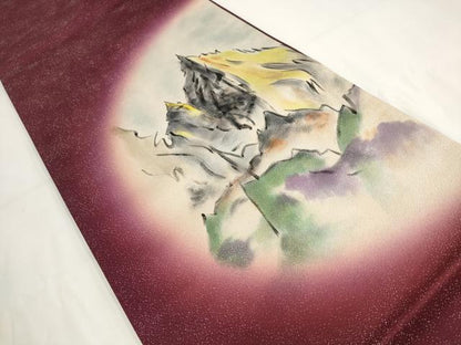 平和屋着物▼榎木孝明　太鼓柄袋帯　手描き　遠山文　銀通し地　正絹　逸品　AABF7904wj