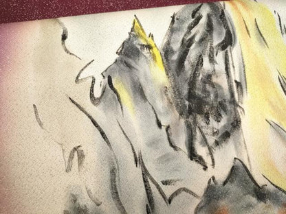 平和屋着物▼榎木孝明　太鼓柄袋帯　手描き　遠山文　銀通し地　正絹　逸品　AABF7904wj