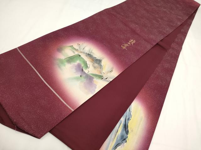 平和屋着物▼榎木孝明　太鼓柄袋帯　手描き　遠山文　銀通し地　正絹　逸品　AABF7904wj