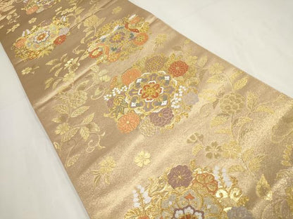 平和屋着物▼六通柄袋帯 花蝶丸文 金糸 正絹 逸品 AABF7906wj