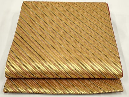 平和屋着物▼全通柄袋帯 斜縞 金糸 正絹 逸品 AABF7924wj