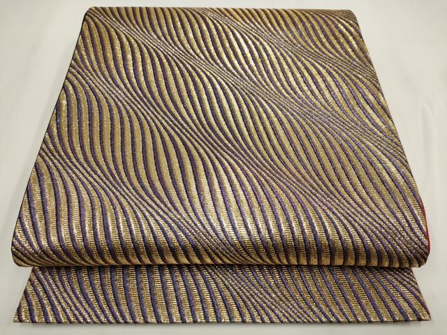 平和屋着物▼全通柄袋帯　波文　金糸　正絹　逸品　AABF7925wj