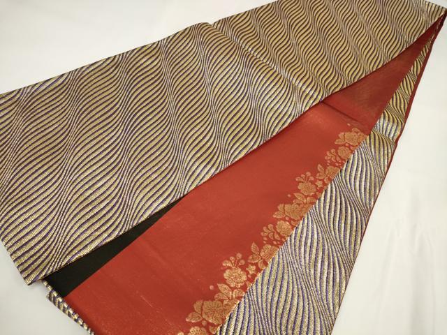 平和屋着物▼全通柄袋帯　波文　金糸　正絹　逸品　AABF7925wj